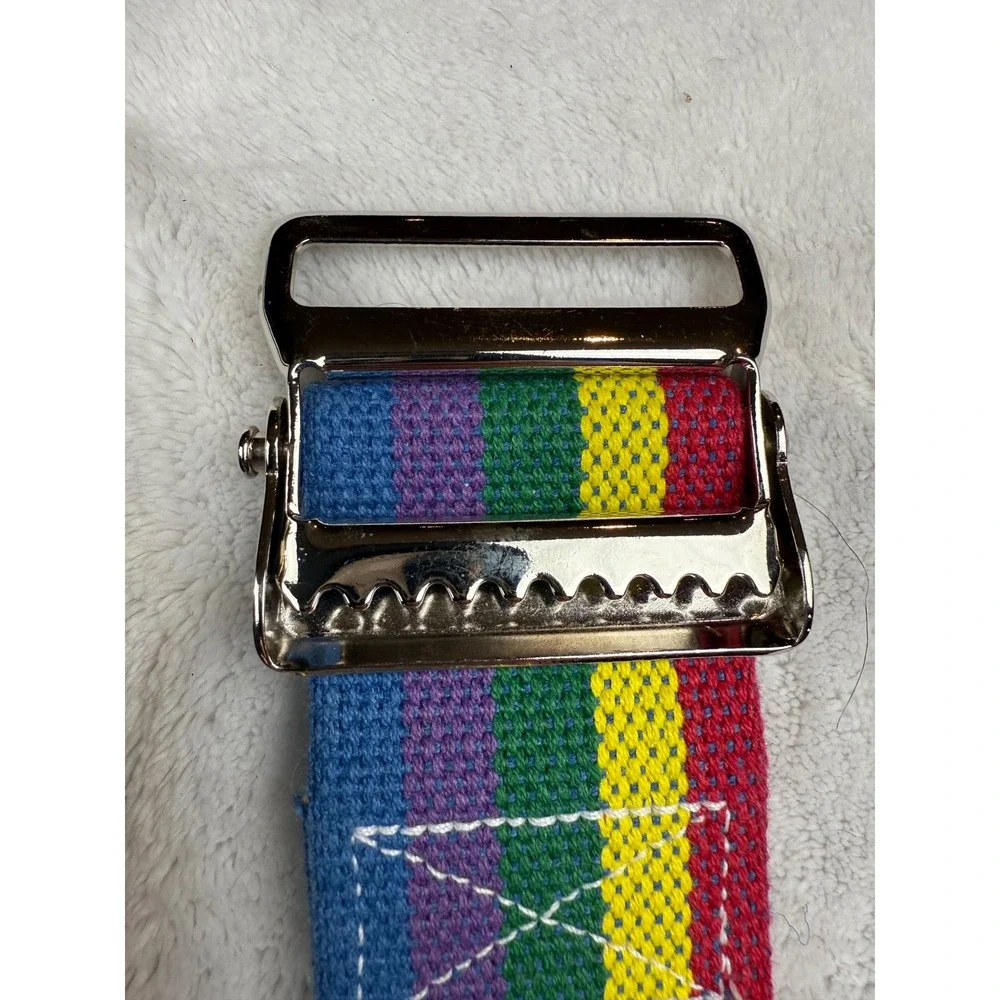 Posey Rainbow Stripe Belt Silver‎ Tone Buckle Colorful Woven Adjustable